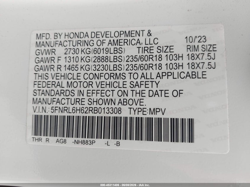 2024 Honda Odyssey VIN 5FNRL6H62RB013308 IAAI salvage auction — REAR END, Salvage Title, sold $7,400 on 2026-07-09 (photo 9)