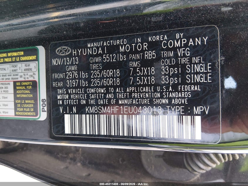 2014 Hyundai Santa fe VIN KM8SM4HF1EU043013 IAAI salvage auction — NORMAL WEAR, Salvage Title, sold $1,600 on 2026-07-15 (photo 9)