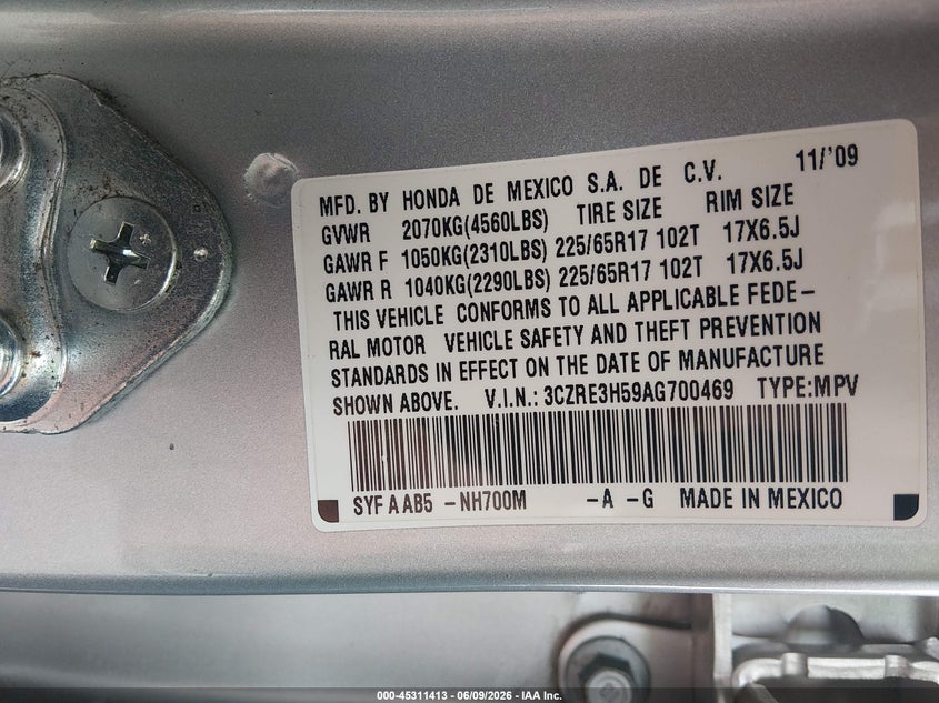 2010 Honda Cr-v VIN 3CZRE3H59AG700469 IAAI salvage auction — REAR END, Salvage (Utah), sold $2,775 on 2026-07-09 (photo 9)