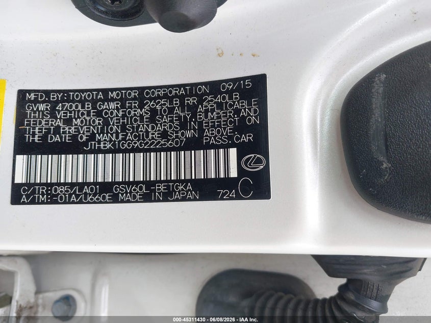 2016 Lexus ES VIN JTHBK1GG9G2225607 IAAI salvage auction — ALL OVER, Salvage Title, sold $5,200 on 2026-07-28 (photo 9)
