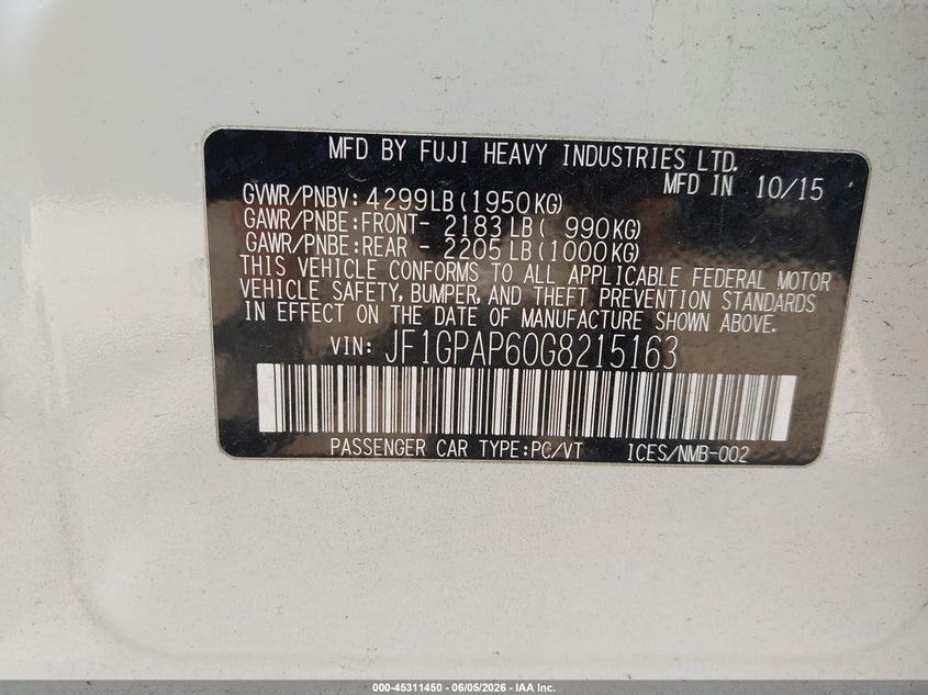 2016 Subaru Impreza VIN JF1GPAP60G8215163 IAAI salvage auction — RIGHT REAR, Salvage Title, sold $2,850 on 2026-07-15 (photo 9)
