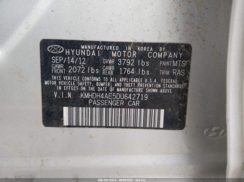 2013 Hyundai Elantra VIN KMHDH4AE5DU642719 IAAI salvage auction — FRONT & REAR, Salvage Title, sold $450 on 2026-07-08 (photo 9)