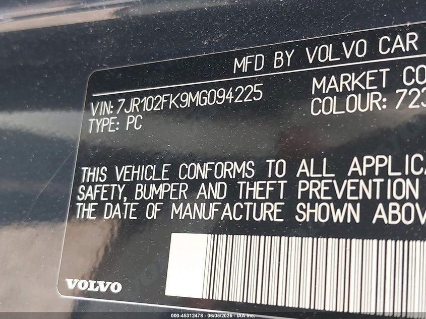 2021 Volvo S60 VIN 7JR102FK9MG094225 IAAI salvage auction — FRONT END, Salvage Title, sold $3,150 on 2026-07-28 (photo 9)