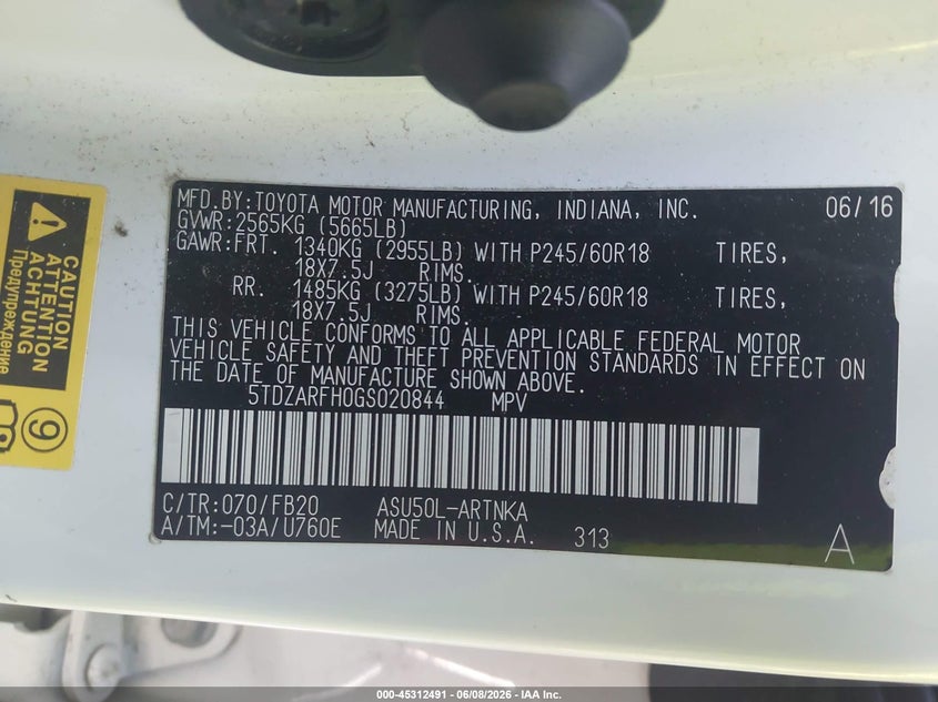 2016 Toyota Highlander VIN 5TDZARFH0GS020844 IAAI salvage auction — FRONT END, Salvage Title, sold $4,550 on 2026-07-07 (photo 9)