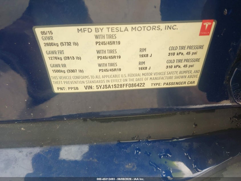 2015 Tesla Model s VIN 5YJSA1S28FF086422 IAAI salvage auction — FRONT END, Salvage Title, sold $3,500 on 2026-07-08 (photo 9)