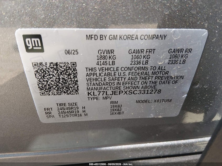 2025 Chevrolet Trax VIN KL77LJEPXSC331278 IAAI salvage auction — HAIL, Salvage Title, sold $12,125 on 2026-07-07 (photo 9)