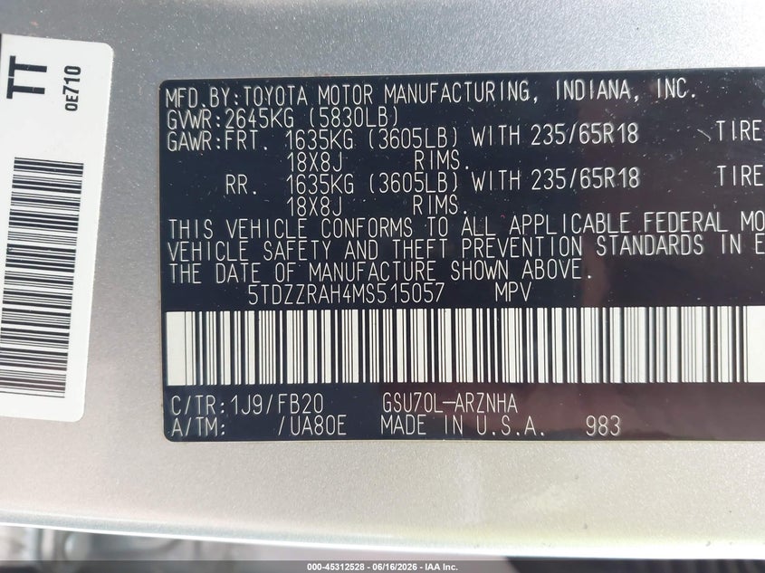 2021 Toyota Highlander VIN 5TDZZRAH4MS515057 IAAI salvage auction — FRONT END, Salvage Title, sold $11,875 on 2026-08-01 (photo 9)