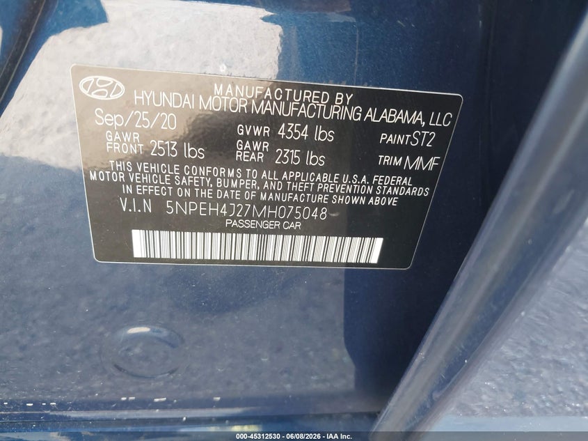 2021 Hyundai Sonata VIN 5NPEH4J27MH075048 IAAI salvage auction — LEFT SIDE, Salvage Title, sold $5,600 on 2026-07-22 (photo 9)