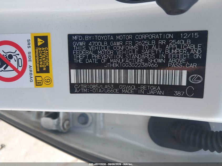 2016 Lexus ES VIN JTHBK1GG3G2238966 IAAI salvage auction — REAR END, Salvage Title, sold $4,100 on 2026-07-20 (photo 9)