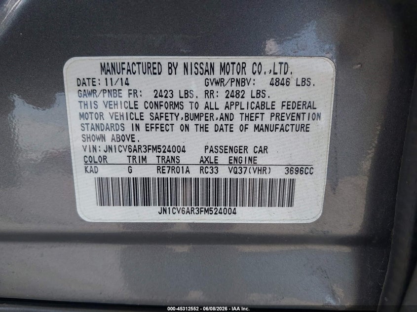 2015 Infiniti Q40 VIN JN1CV6AR3FM524004 IAAI salvage auction — LEFT SIDE, Salvage (Texas), sold $825 on 2026-07-28 (photo 9)