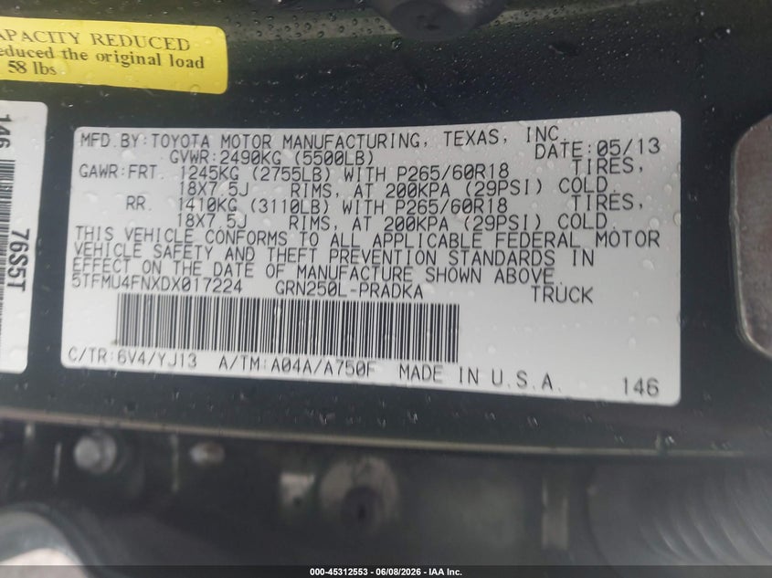 2013 Toyota Tacoma VIN 5TFMU4FNXDX017224 IAAI salvage auction — FRONT END, Salvage Title, sold $8,250 on 2026-07-15 (photo 9)