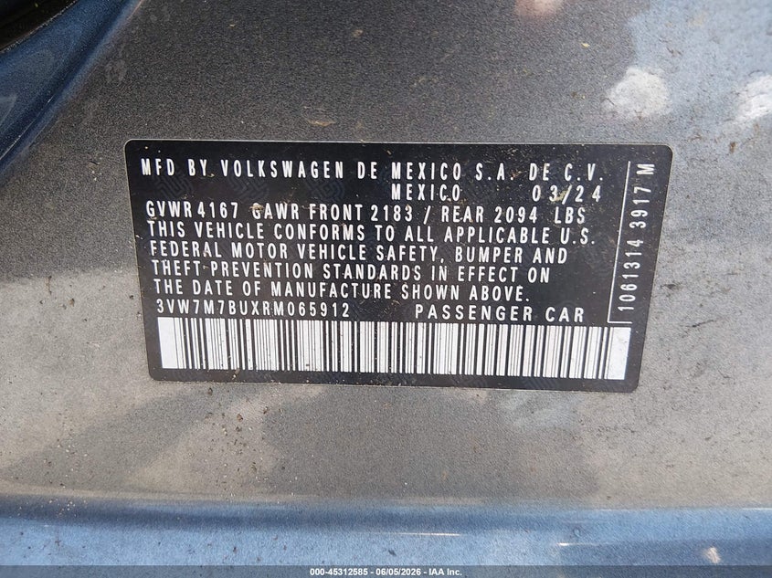 2024 Volkswagen Jetta VIN 3VW7M7BUXRM065912 IAAI salvage auction — LEFT FRONT, Salvage Title, sold $4,300 on 2026-07-24 (photo 9)