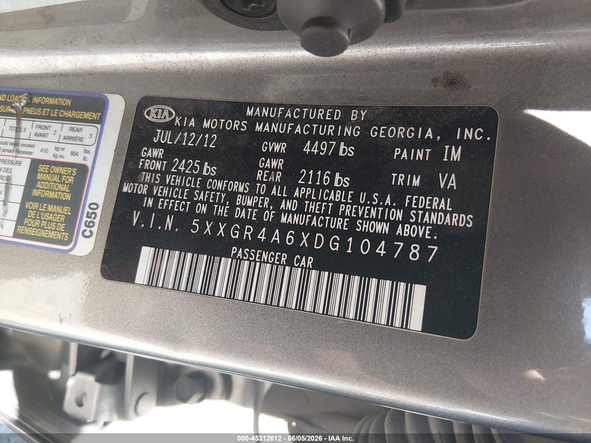 2013 Kia Optima VIN 5XXGR4A6XDG104787 IAAI salvage auction — LEFT FRONT, Salvage Title, sold $200 on 2026-07-22 (photo 9)