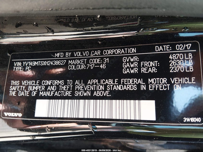 2017 Volvo S60 VIN YV149MTSXH2438627 IAAI salvage auction — FRONT END, Clear (Arkansas), sold $3,475 on 2026-08-05 (photo 9)