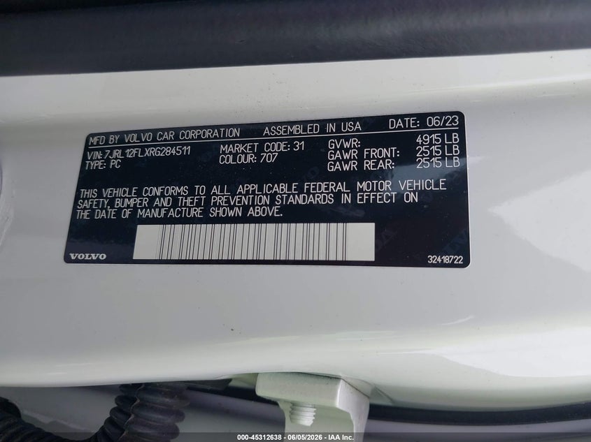 2024 Volvo S60 VIN 7JRL12FLXRG284511 IAAI salvage auction — REAR END, Salvage Title, sold $14,125 on 2026-07-16 (photo 9)