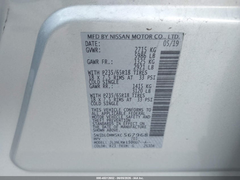 2019 Infiniti Qx60 VIN 5N1DL0MM5KC567968 IAAI salvage auction — FRONT END, Salvage (Kentucky), sold $2,750 on 2026-07-27 (photo 9)