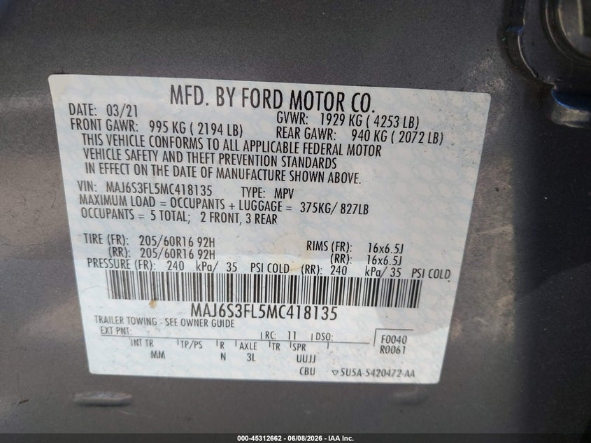 2021 Ford Ecosport VIN MAJ6S3FL5MC418135 IAAI salvage auction — SIDE, Salvage (Massachusetts), sold $975 on 2026-07-24 (photo 9)