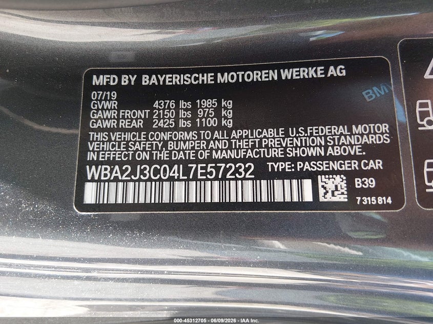 2020 BMW 2er VIN WBA2J3C04L7E57232 IAAI salvage auction — FRONT END, Salvage Title, sold $5,700 on 2026-08-19 (photo 9)