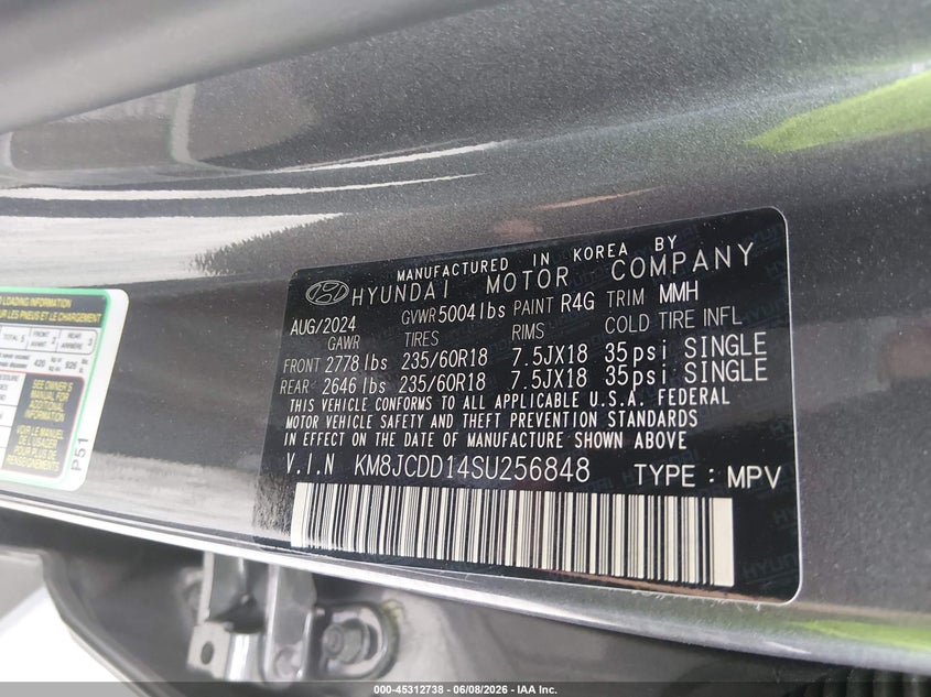 2025 Hyundai Tucson VIN KM8JCDD14SU256848 IAAI salvage auction — RIGHT FRONT, Salvage Title, sold $13,100 on 2026-07-31 (photo 9)