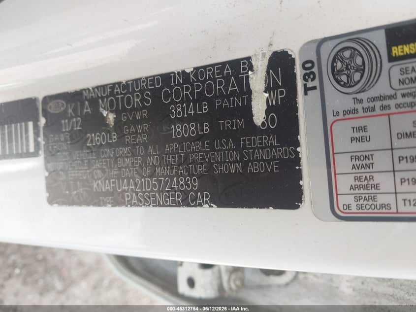 2013 Kia Forte VIN KNAFU4A21D5724839 IAAI salvage auction — NORMAL WEAR, Clear (New York), sold $700 on 2026-07-14 (photo 9)