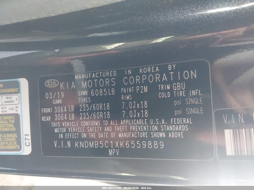 2019 Kia SEDONA VIN KNDMB5C1XK6559889 IAAI salvage auction — FRONT END, Salvage (California), sold $1,000 on 2026-07-28 (photo 9)