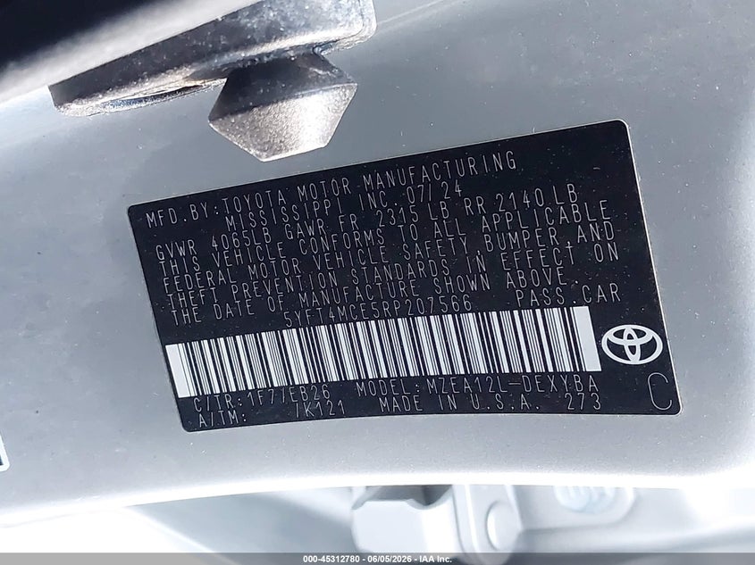 2024 Toyota Corolla VIN 5YFT4MCE5RP207566 IAAI salvage auction — FRONT END, Salvage Title, sold $750 on 2026-07-30 (photo 9)
