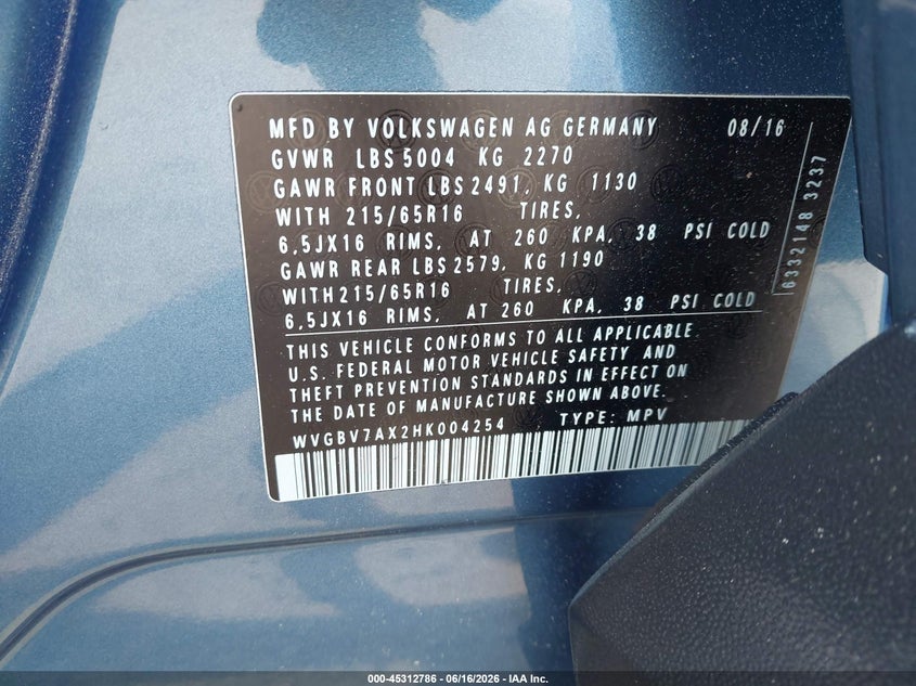 2017 Volkswagen Tiguan VIN WVGBV7AX2HK004254 IAAI salvage auction — REAR END, Salvage (Massachusetts), sold $1,250 on 2026-07-28 (photo 9)