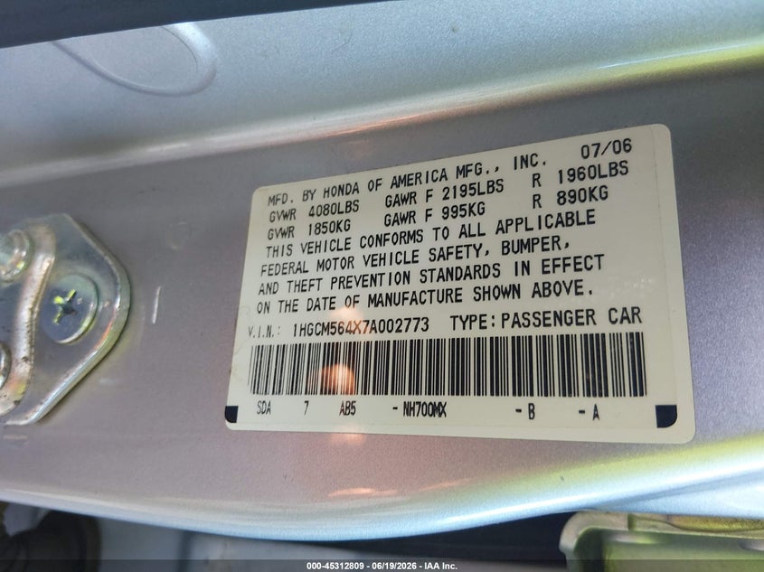 2007 Honda Accord VIN 1HGCM564X7A002773 IAAI salvage auction — FRONT END, Clear (Indiana), sold $800 on 2026-07-19 (photo 9)