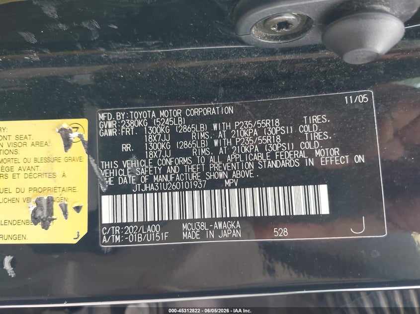 2006 Lexus Rx 330 VIN JTJHA31U260101937 IAAI salvage auction — UNKNOWN, Original (Texas), sold $1,750 on 2026-07-16 (photo 9)