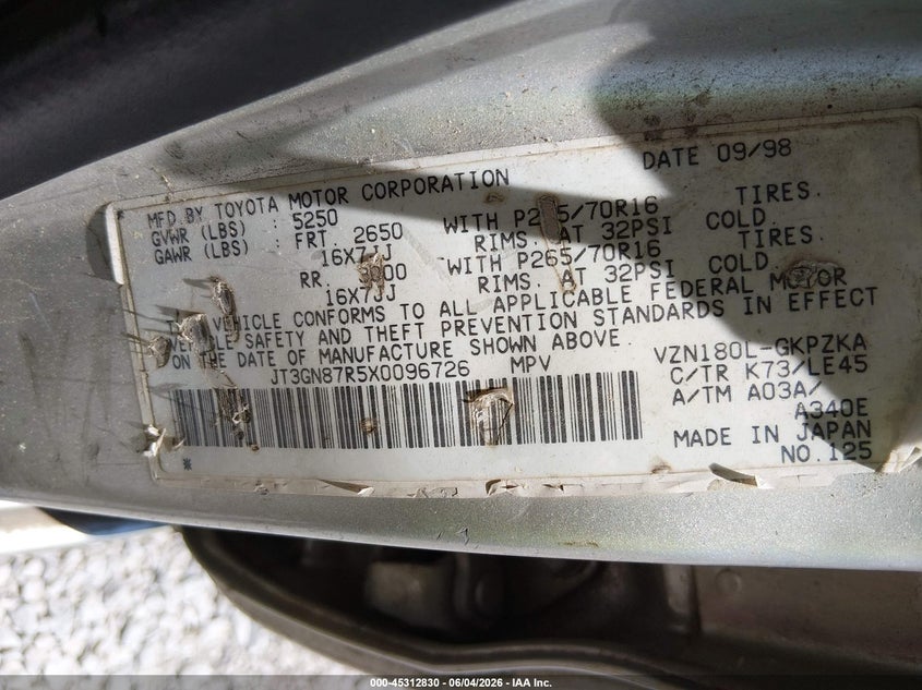 1999 Toyota 4runner VIN JT3GN87R5X0096726 IAAI salvage auction — NORMAL WEAR, Clear (Alabama), sold $375 on 2026-07-06 (photo 9)