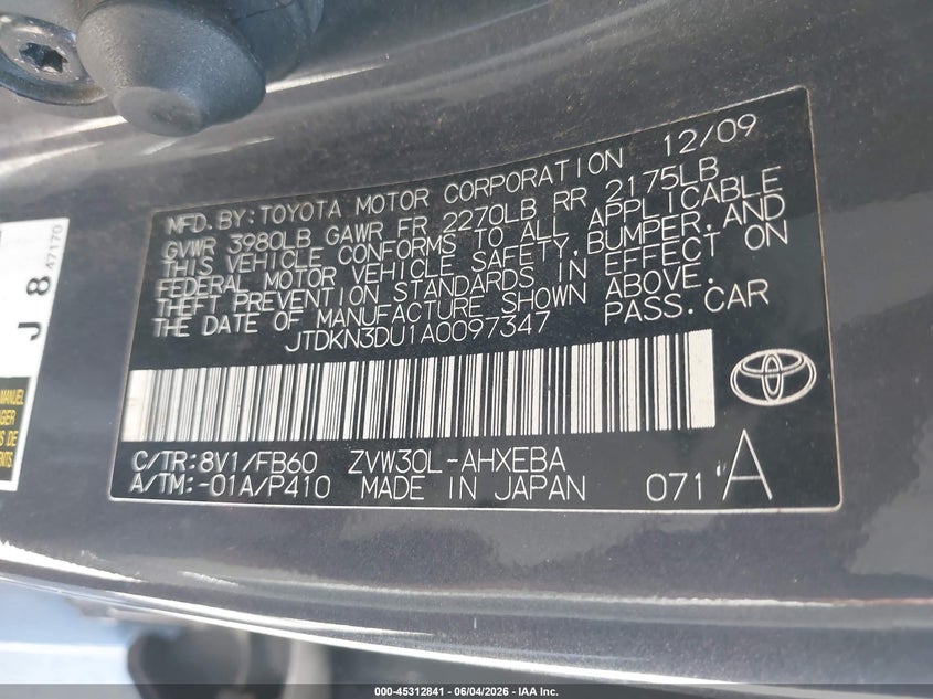 2010 Toyota Prius VIN JTDKN3DU1A0097347 IAAI salvage auction — NORMAL WEAR, Salvage (California), sold $625 on 2026-07-20 (photo 9)