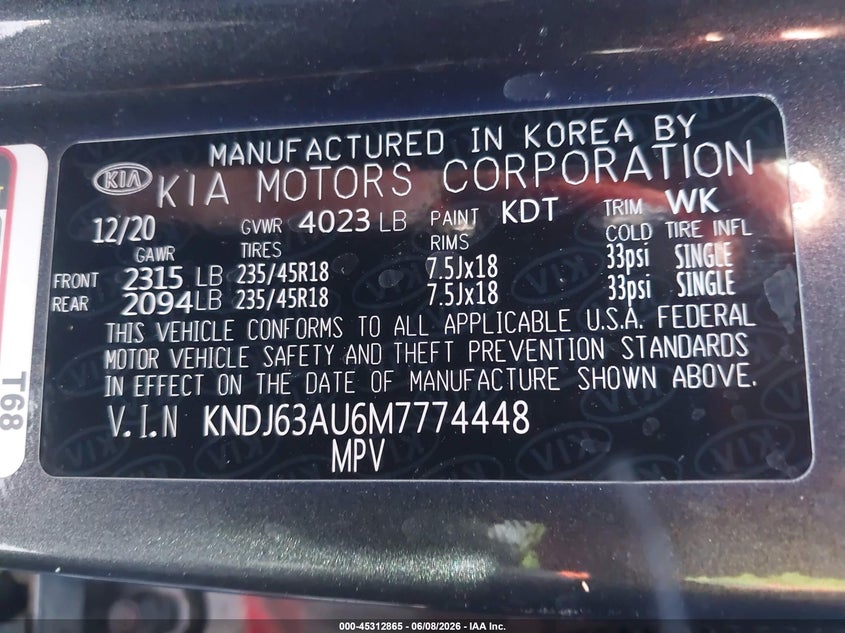 2021 Kia Soul VIN KNDJ63AU6M7774448 IAAI salvage auction — THEFT, Salvage Title, sold $2,100 on 2026-07-14 (photo 9)