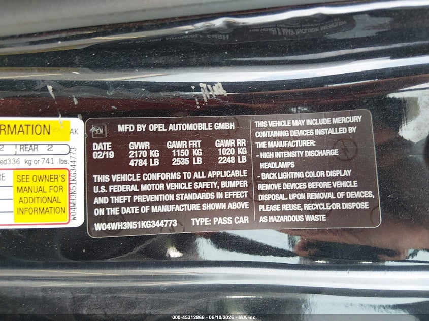 2019 Buick Cascada VIN W04WH3N51KG344773 IAAI salvage auction — FRONT END, Wait Title, sold $2,375 on 2026-09-28 (photo 9)