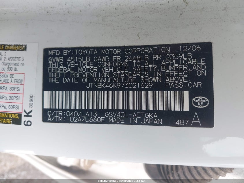 2007 Toyota Camry VIN JTNBK46K973021629 IAAI salvage auction — RIGHT FRONT, Clear (Indiana), sold $825 on 2026-07-07 (photo 9)