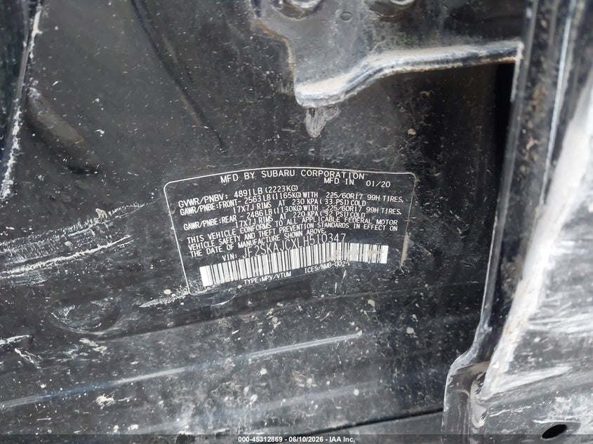 2020 Subaru Forester VIN JF2SKAJCXLH510347 IAAI salvage auction — BIOHAZARD/CHEMICAL, Mv-907A (New York), sold $375 on 2026-07-09 (photo 9)