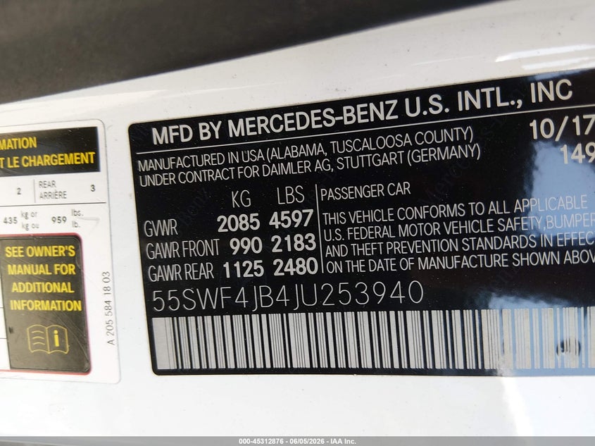 2018 Mercedes-benz C-klasse VIN 55SWF4JB4JU253940 IAAI salvage auction — FRONT & REAR, Salvage Title, sold $2,900 on 2026-07-24 (photo 9)