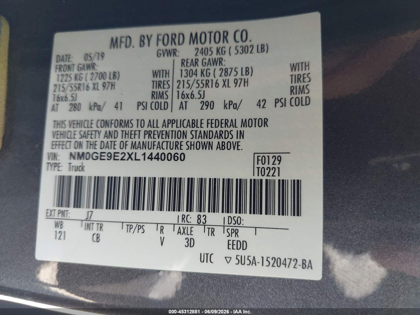 2020 Ford Transit connect VIN NM0GE9E2XL1440060 IAAI salvage auction — REAR END, SF97 (California), sold $25 on 2026-07-28 (photo 9)