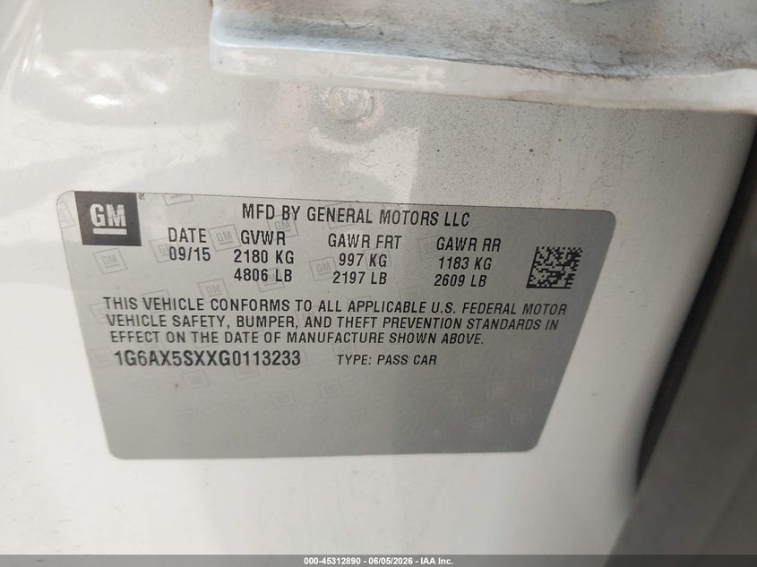 2016 Cadillac Cts VIN 1G6AX5SXXG0113233 IAAI salvage auction — FRONT END, Salvage Title, sold $1,400 on 2026-07-09 (photo 9)