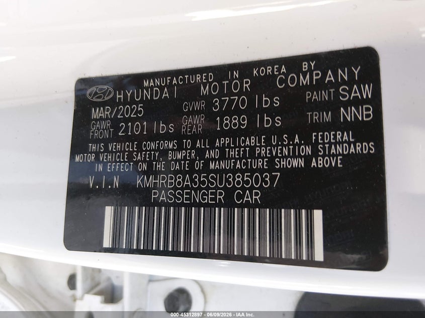 2025 Hyundai Venue VIN KMHRB8A35SU385037 IAAI salvage auction — FRONT END, Salvage (New Hampshire), sold $2,700 on 2026-07-29 (photo 9)