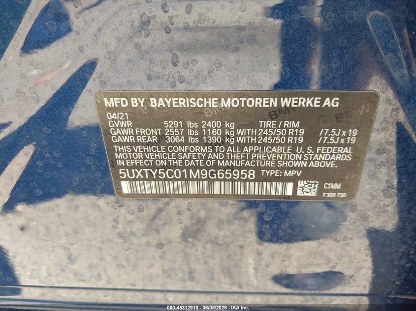 2021 BMW X3 VIN 5UXTY5C01M9G65958 IAAI salvage auction — FRONT END, Salvage Title, sold $14,500 on 2026-07-07 (photo 9)