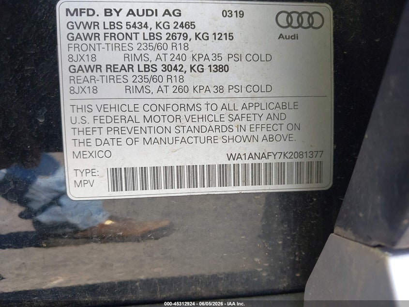 2019 Audi Q5 VIN WA1ANAFY7K2081377 IAAI salvage auction — ROLLOVER, Salvage Title, sold $1,800 on 2026-07-20 (photo 9)