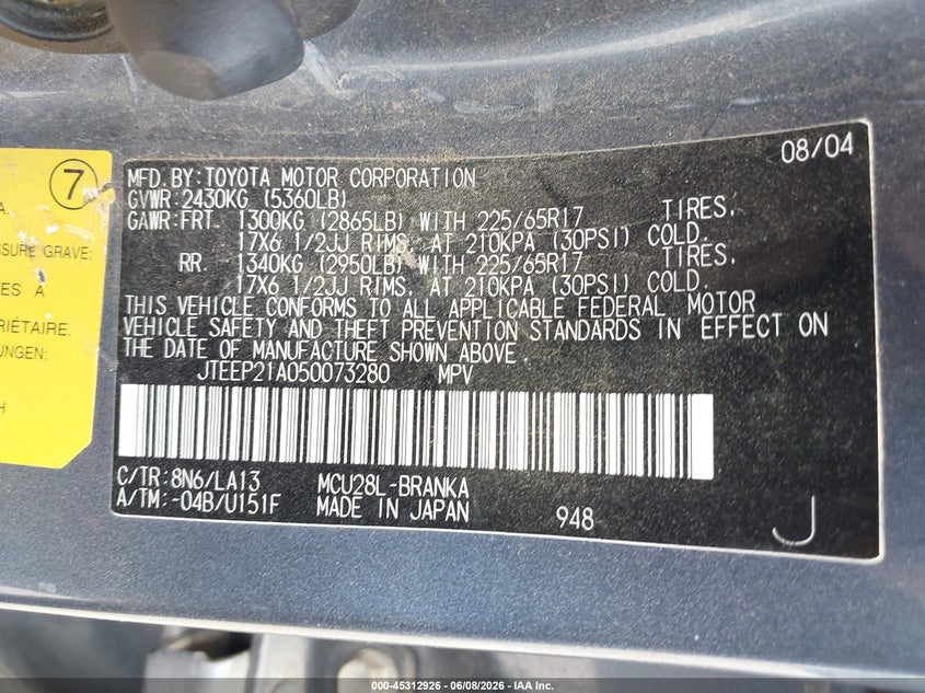 2005 Toyota Highlander VIN JTEEP21A050073280 IAAI salvage auction — LEFT FRONT, Salvage (Texas), sold $800 on 2026-07-28 (photo 9)