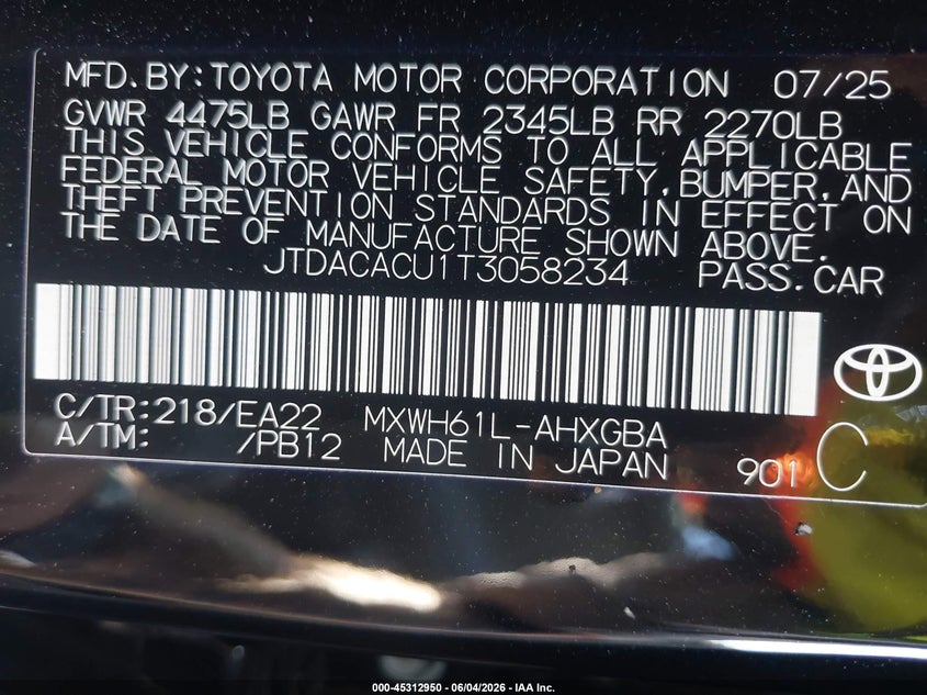 2026 Toyota Prius VIN JTDACACU1T3058234 IAAI salvage auction — RIGHT FRONT, Salvage Title, sold $16,600 on 2026-07-29 (photo 9)
