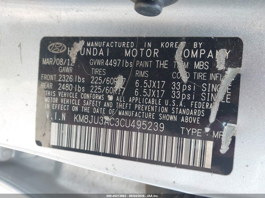 2012 Hyundai Tucson VIN KM8JU3AC3CU495239 IAAI salvage auction — NORMAL WEAR, Clear (Illinois), sold $1,475 on 2026-07-08 (photo 9)