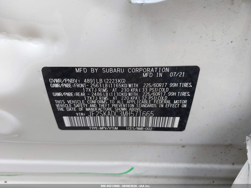 2021 Subaru Forester VIN JF2SKADC3MH571665 IAAI salvage auction — LEFT SIDE, Salvage Title, sold $5,150 on 2026-07-13 (photo 9)