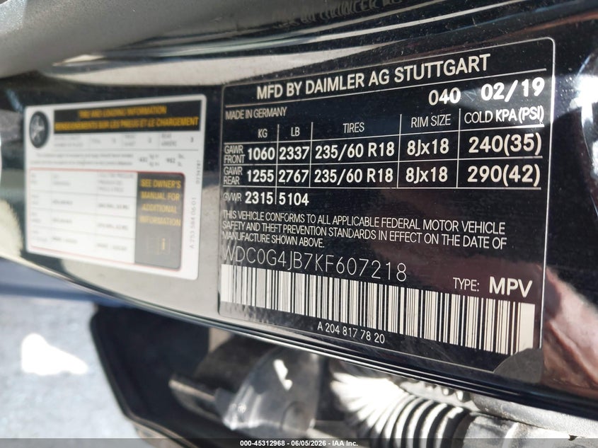 2019 Mercedes-benz Glc VIN WDC0G4JB7KF607218 IAAI salvage auction — RIGHT FRONT, Salvage Title, sold $5,200 on 2026-07-29 (photo 9)
