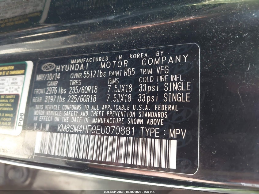 2014 Hyundai Santa fe VIN KM8SM4HF9EU070881 IAAI salvage auction — NORMAL WEAR, Clear (Virginia), sold $1,250 on 2026-07-20 (photo 9)