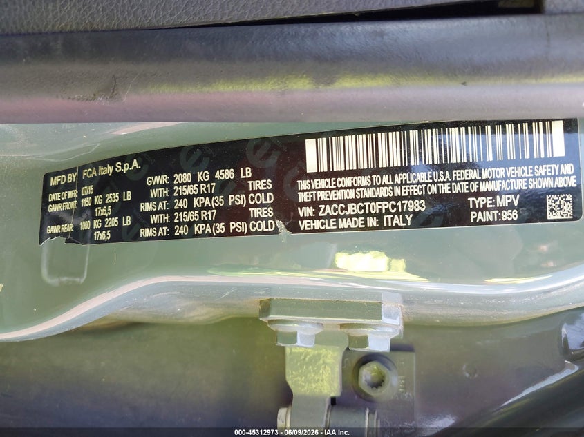 2015 Jeep Renegade VIN ZACCJBCT0FPC17983 IAAI salvage auction — FRONT END, Salvage Title, sold $900 on 2026-07-09 (photo 9)