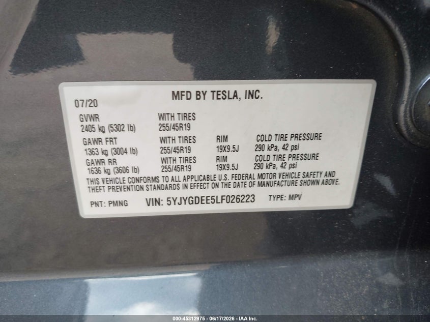 2020 Tesla Model y VIN 5YJYGDEE5LF026223 IAAI salvage auction — FRONT END, Salvage Title, sold $8,300 on 2026-07-18 (photo 9)