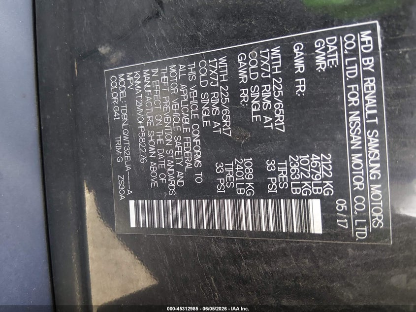 2017 Nissan Rogue VIN KNMAT2MV0HP582276 IAAI salvage auction — LEFT SIDE, Salvage Title, sold $525 on 2026-07-27 (photo 9)